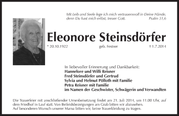 Traueranzeige von Eleonore Steinsdoerfer von Pegnitz-Zeitung